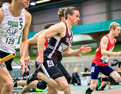 MacEwan's Thomas Cross-Trush (center) and SAIT's Brent Stephen (right), have both held the ACAC men's 300m record over the past two seasons. Stephen just snatched it away from Cross-Trush last month (Robert Antoniuk photo)